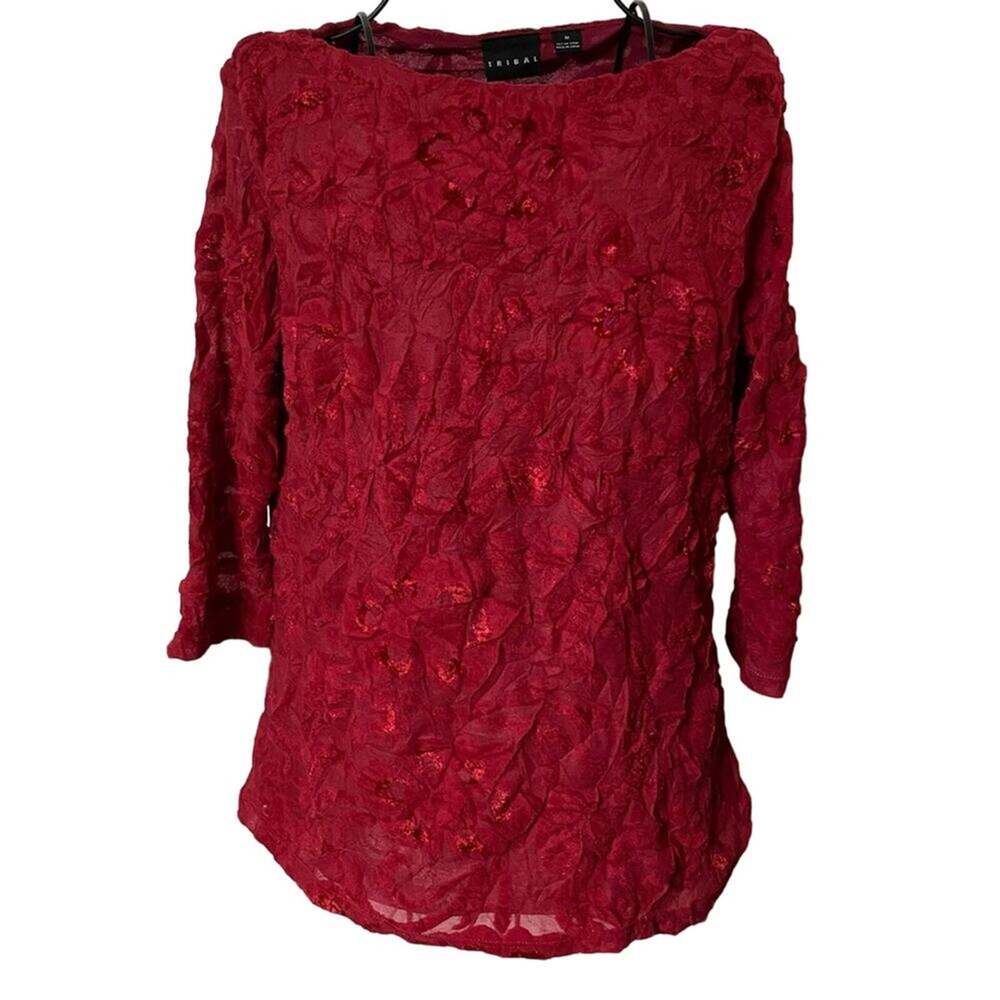 TRIBAL Red Top Size MEDIUM Crinkle Textured Partially Lined 3/4 Sleeve Tee